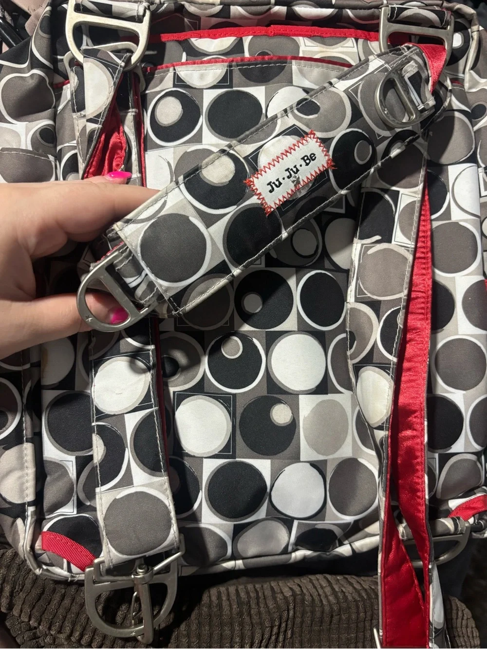 Ju-Ju-Be Women's Gray Circle Print diaper bag Backpack with Red Accents